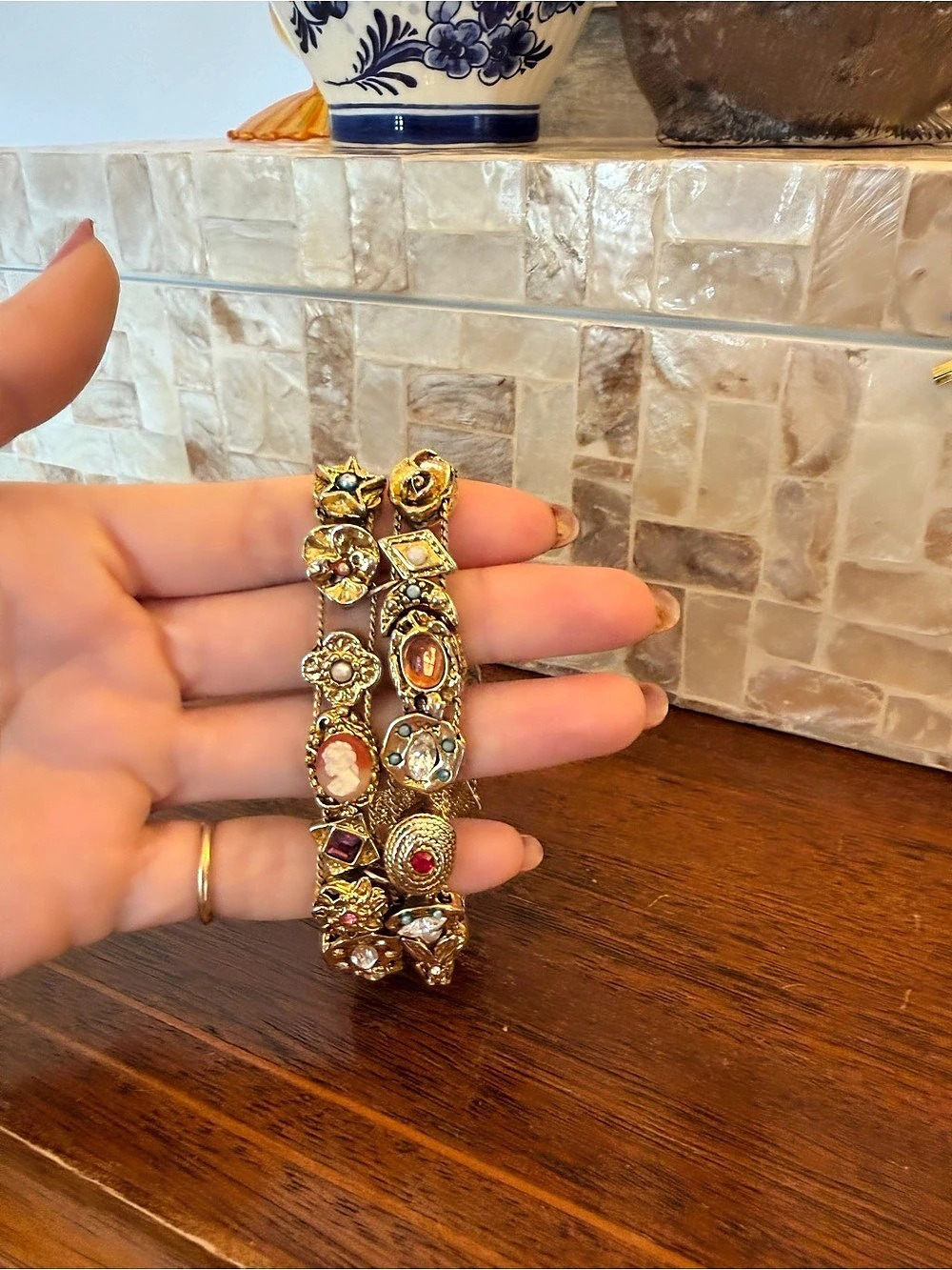 Vintage Ornate Embellished slide  Bracelet in Gold & color
